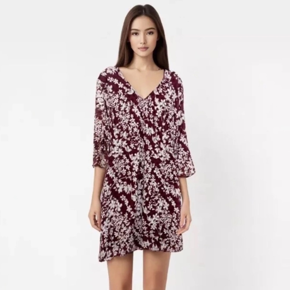 Karl Lagerfeld Maroon Sheath Dress with Bell Sleeves and V-Neck